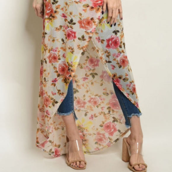 SALE ♡Floral Cold Shoulders Maxi Duster Dress cover up sheer boho fairy flowers - Picture 4 of 7